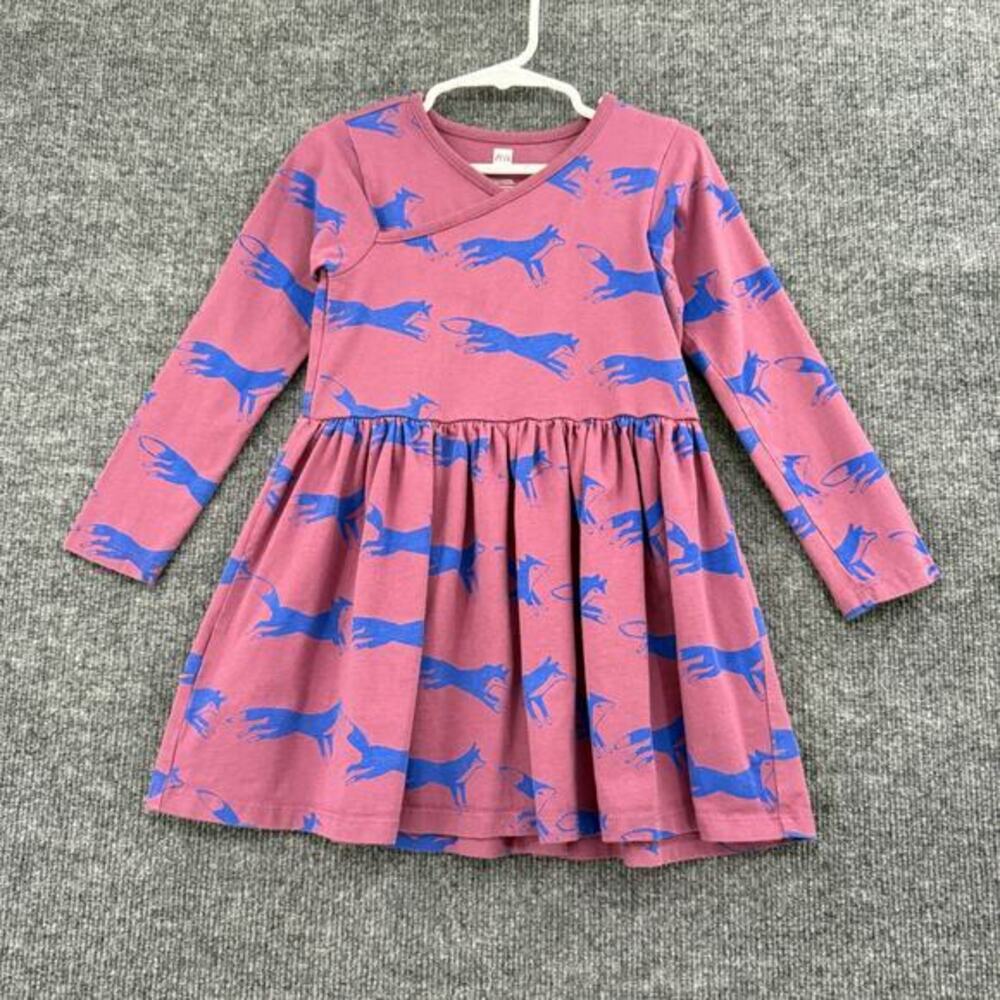 Tea Collection Girls Fox Print Jersey Knit Dress Size 4 Fit Flare Long Sleeve